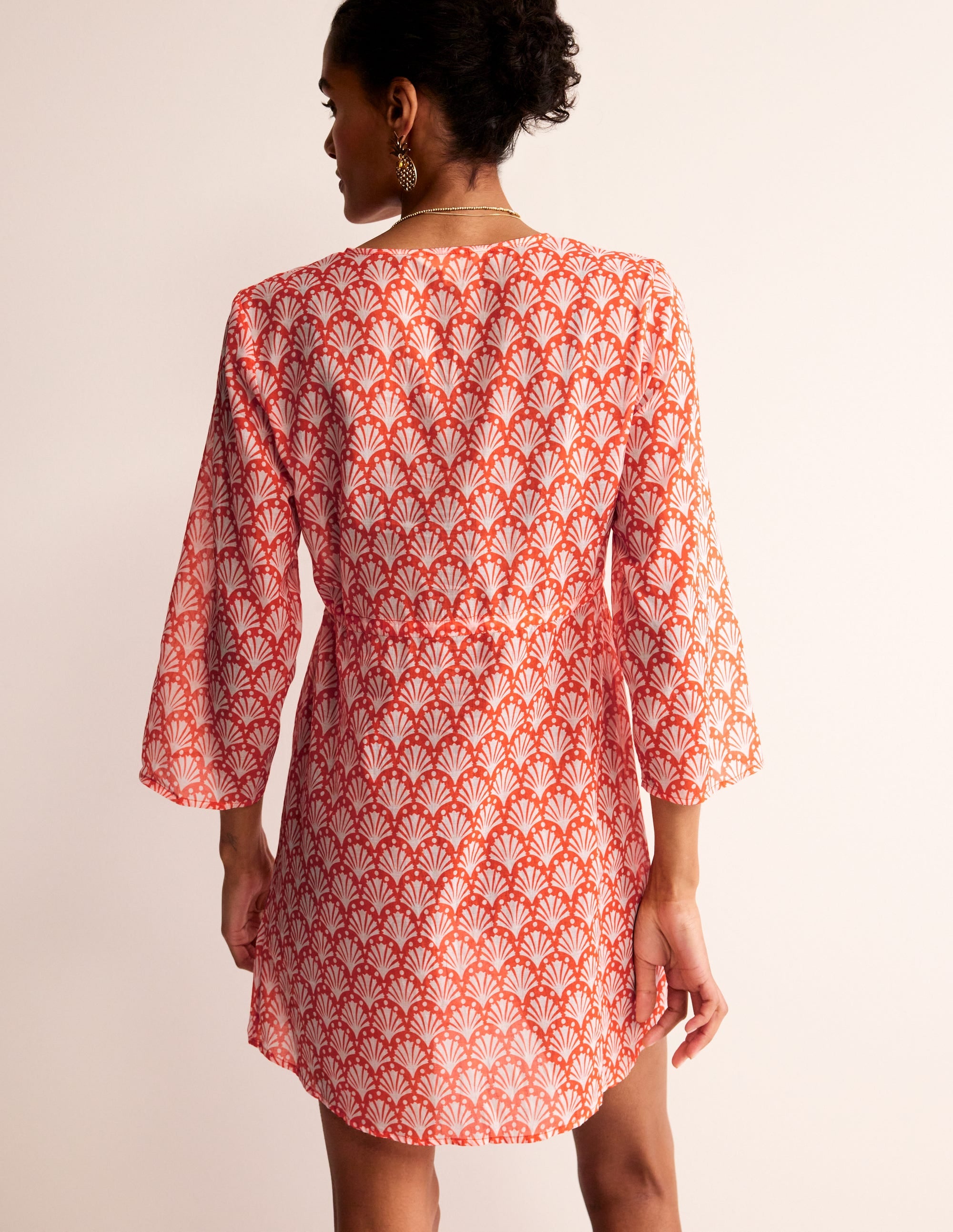 Caftan court de plage en coton-Orange mandarine, coquillages - Image 3