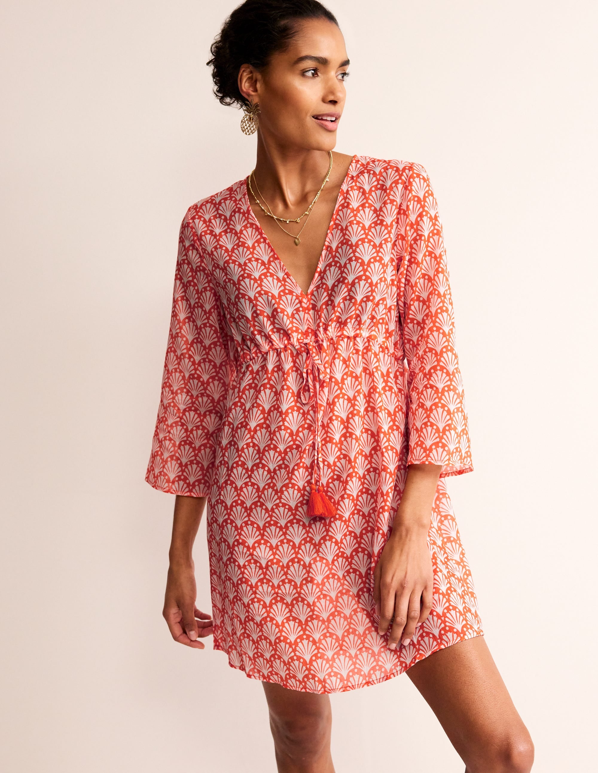 Caftan court de plage en coton-Orange mandarine, coquillages - Image 4