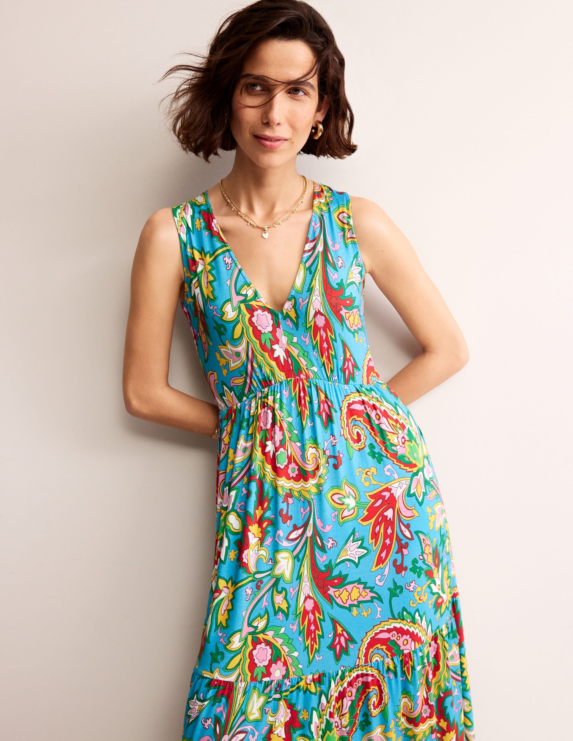 Robe longue Sylvia à volants en jersey-Bleu vif, motif Paisley Azure - Image 2