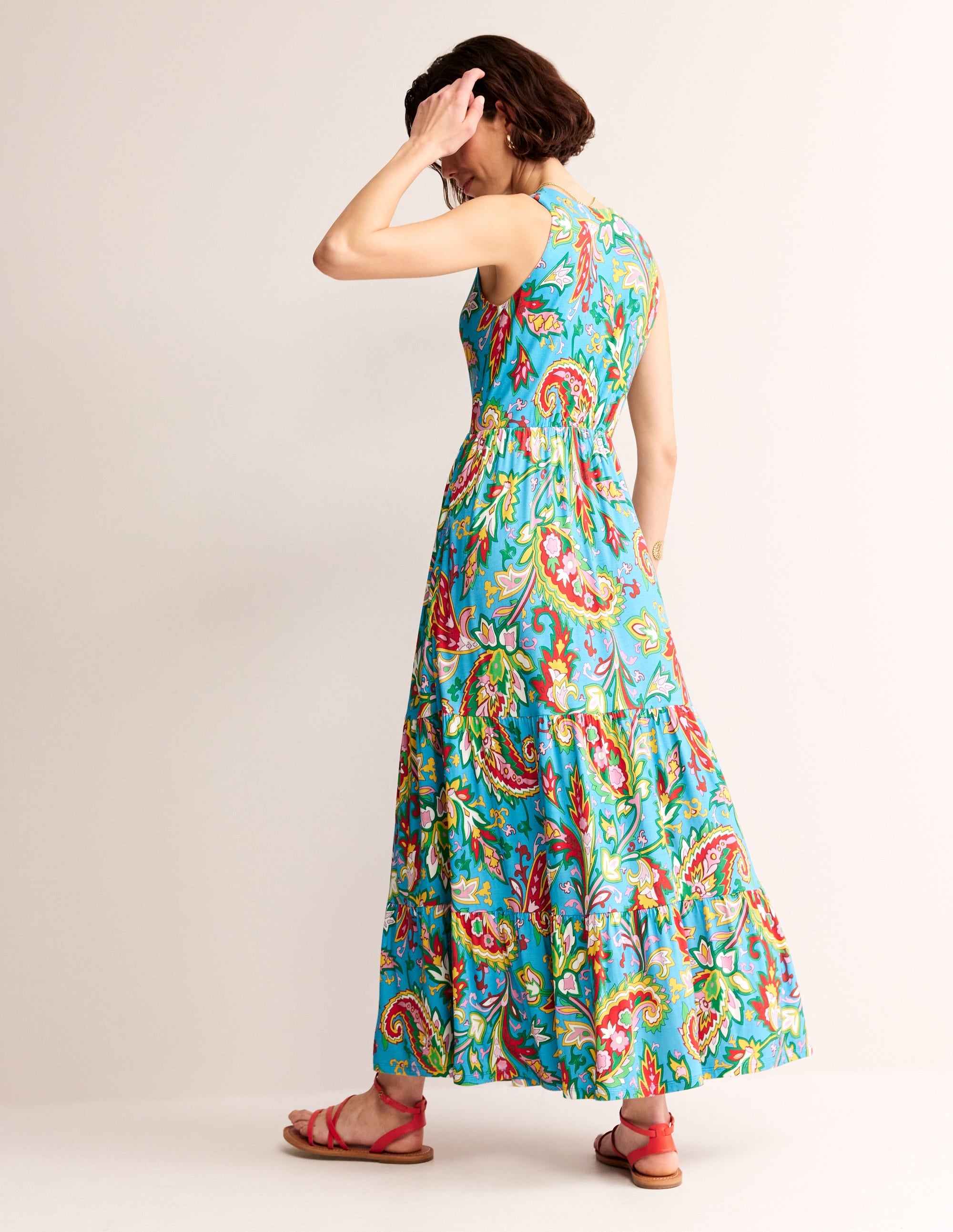 Robe longue Sylvia à volants en jersey-Bleu vif, motif Paisley Azure - Image 3