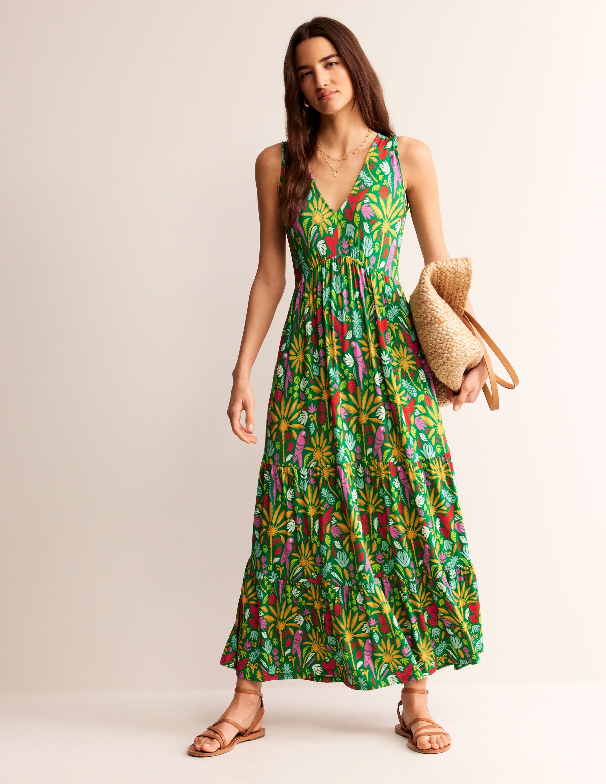 Sylvia Maxi-Stufenkleid aus Jersey-Grün, Tropisches Paradies - Image 2