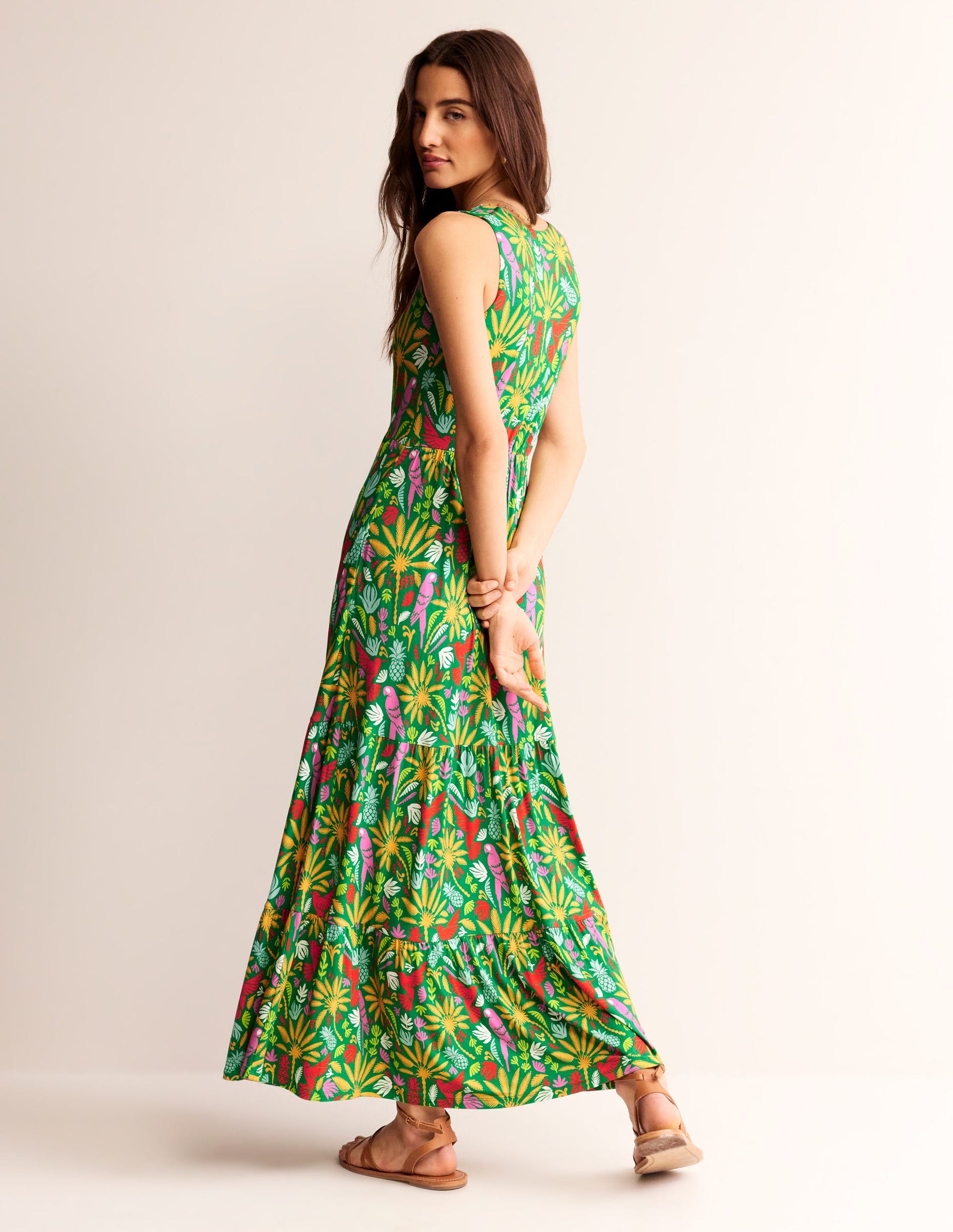 Sylvia Maxi-Stufenkleid aus Jersey-Grün, Tropisches Paradies-4