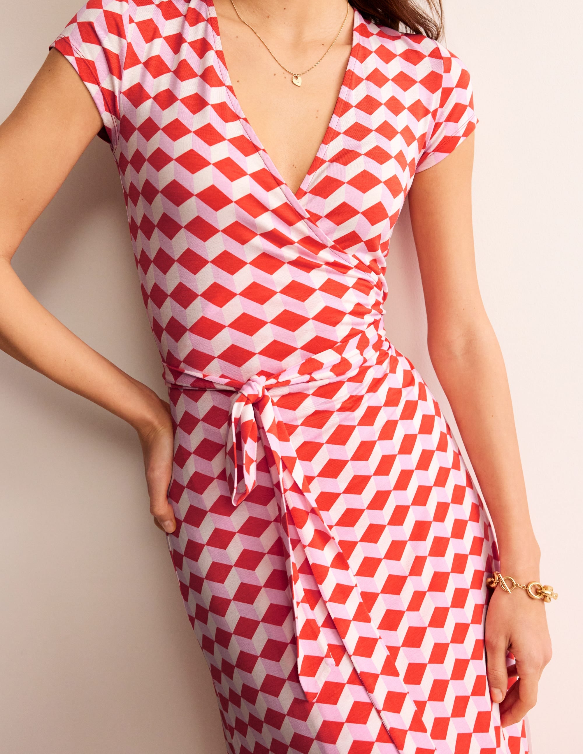 Joanna Cap Sleeve Wrap Dress-Red, Diamond Cube - Image 2