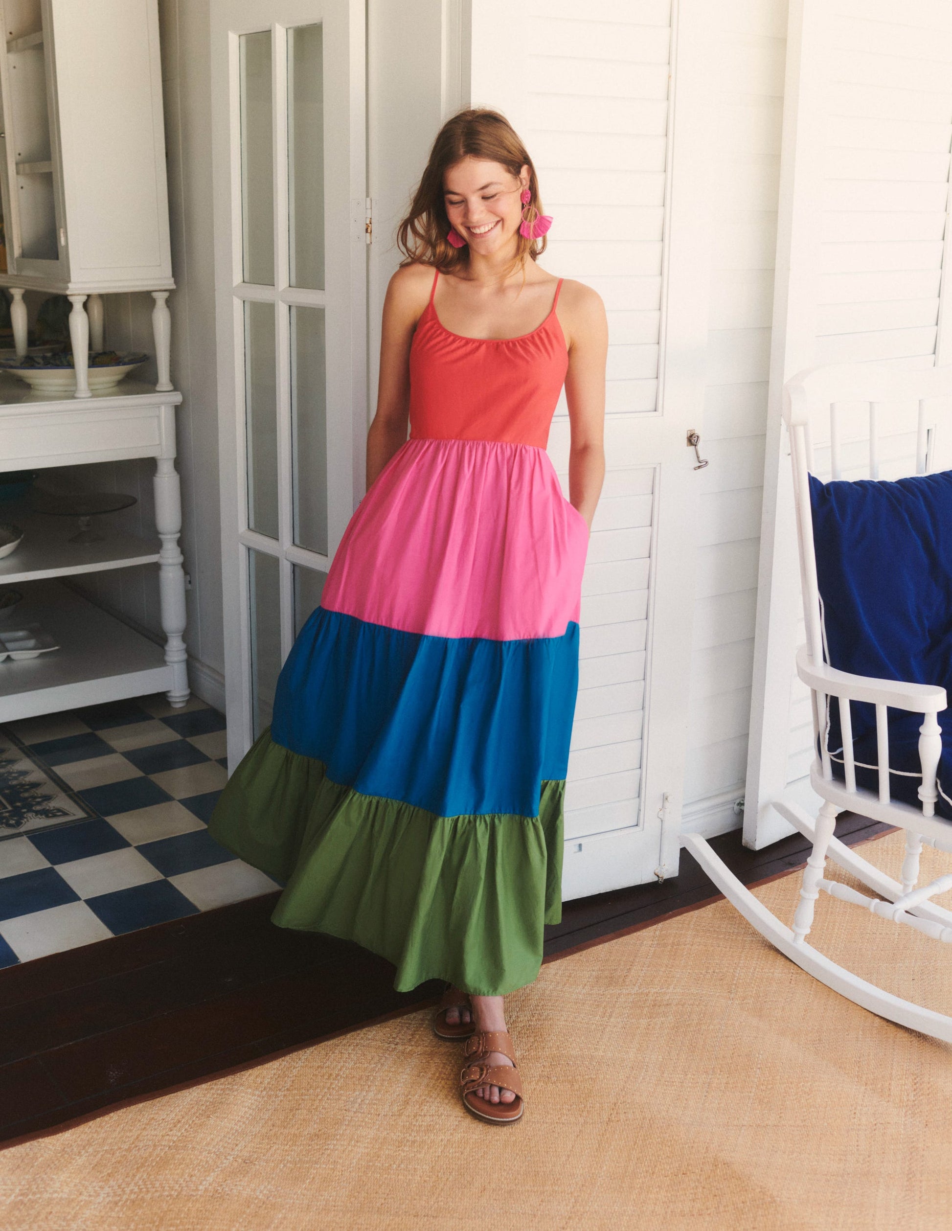 Robe longue evasée en coton-Colour Block-5