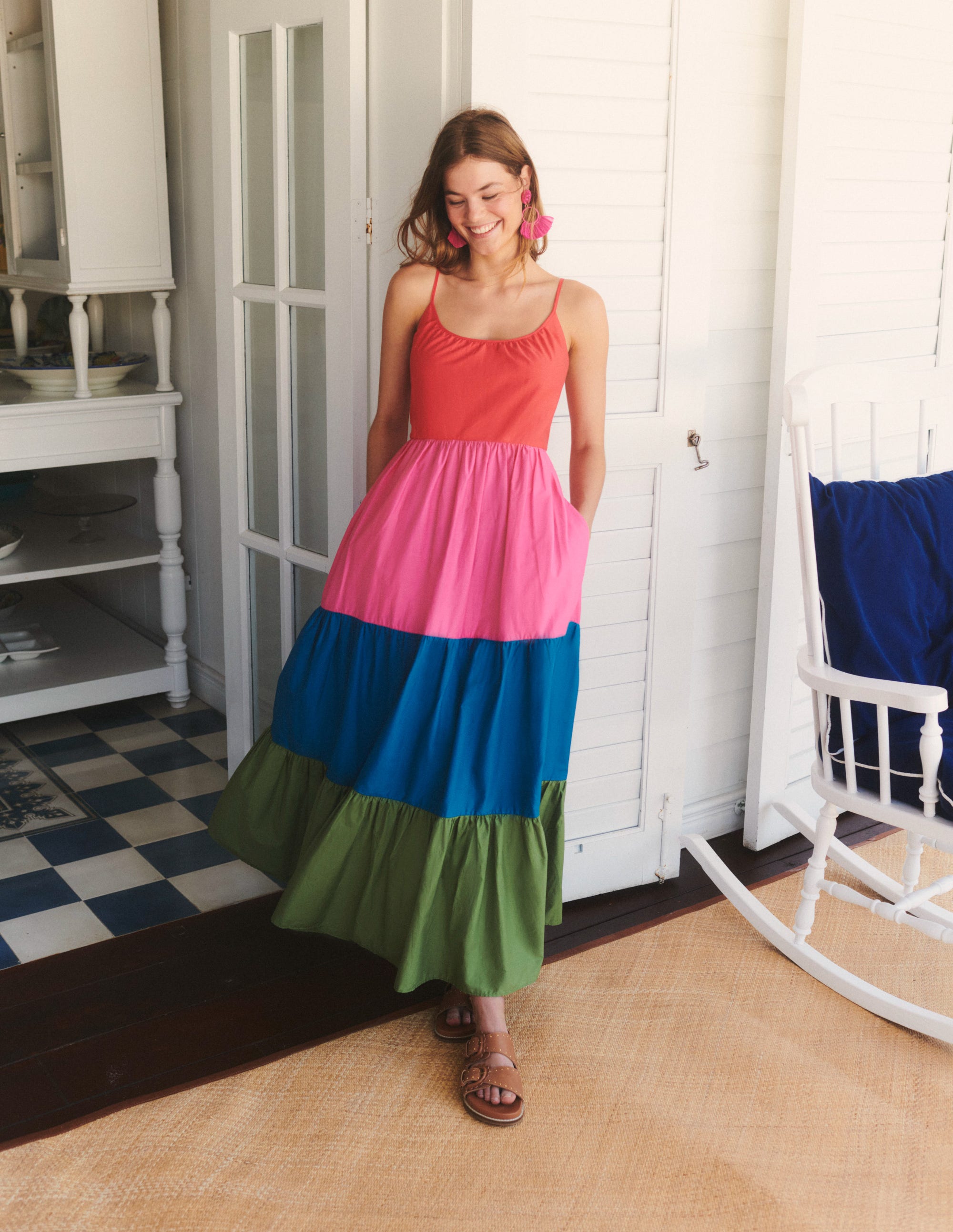 Robe longue evasée en coton-Colour Block - Image 5