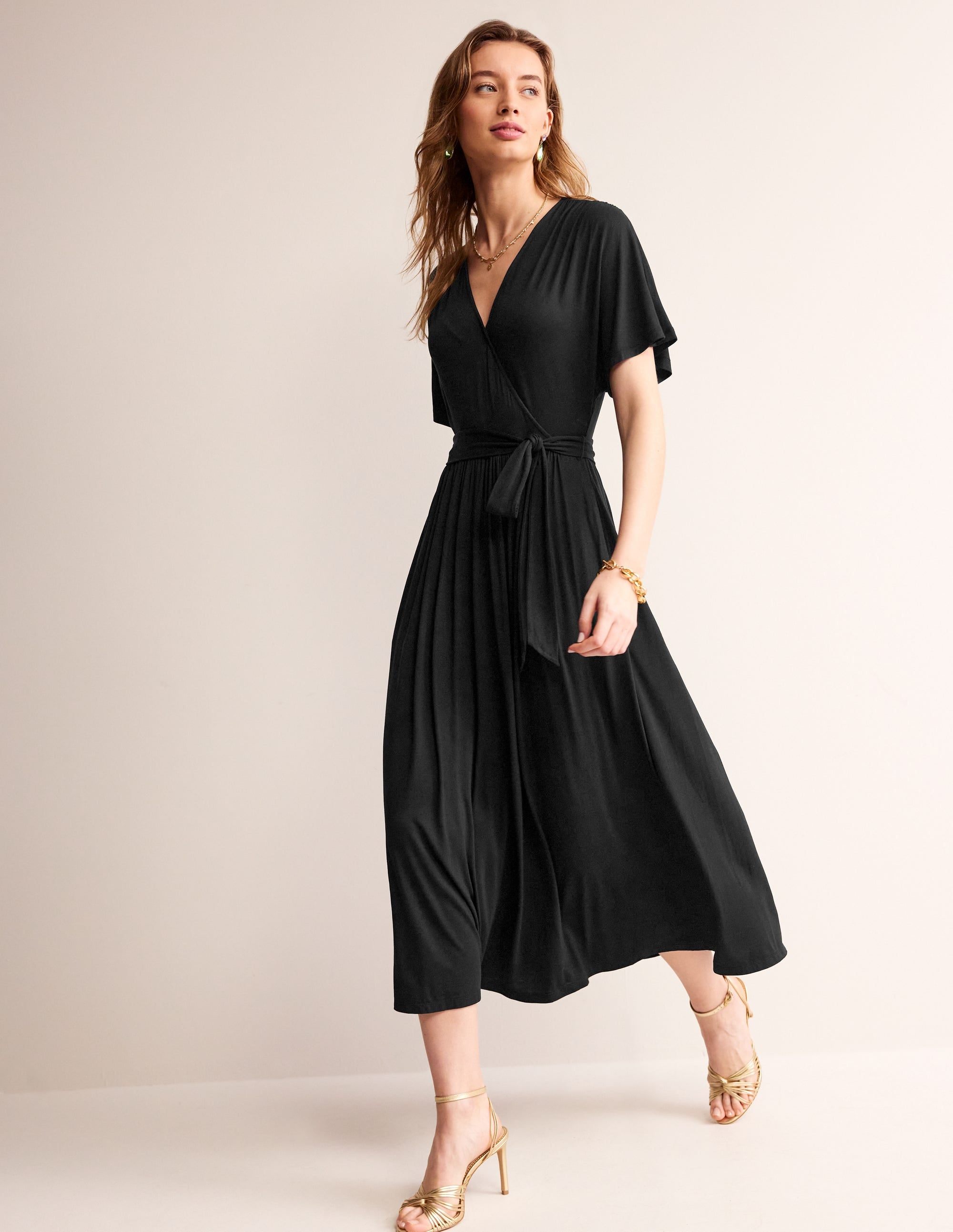 Robe portefeuille midi façon kimono en jersey-Noir - Image 1
