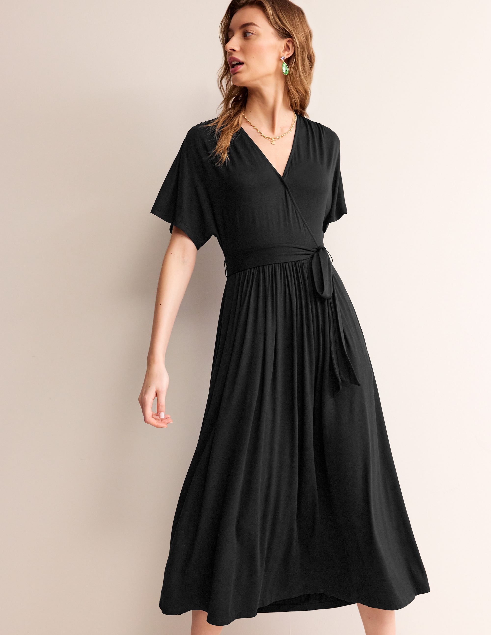 Robe portefeuille midi façon kimono en jersey-Noir - Image 4