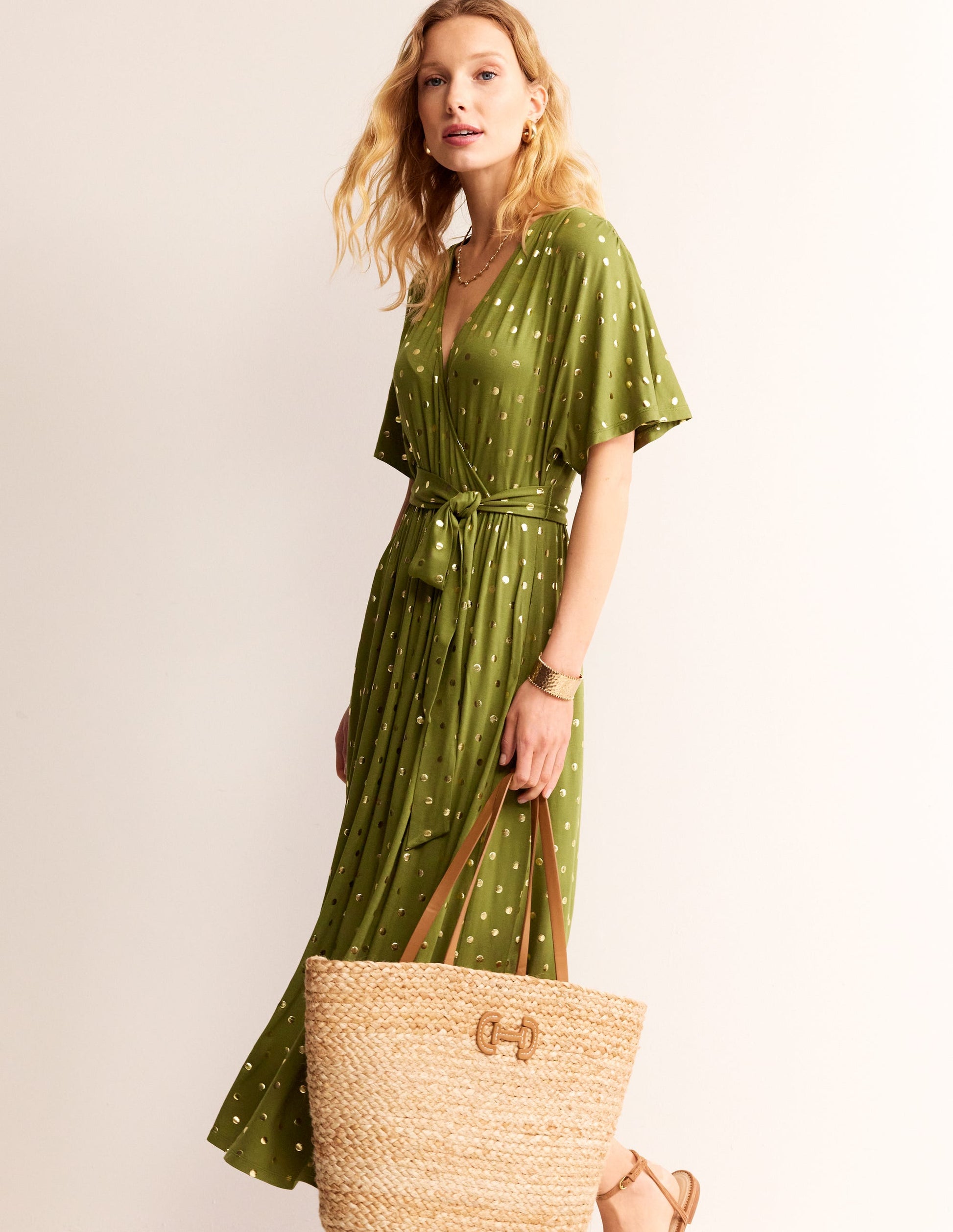 Kimono-Wickelkleid aus Jersey in Midilänge-Eintagsfliege Verstreute Folienpunkte-1