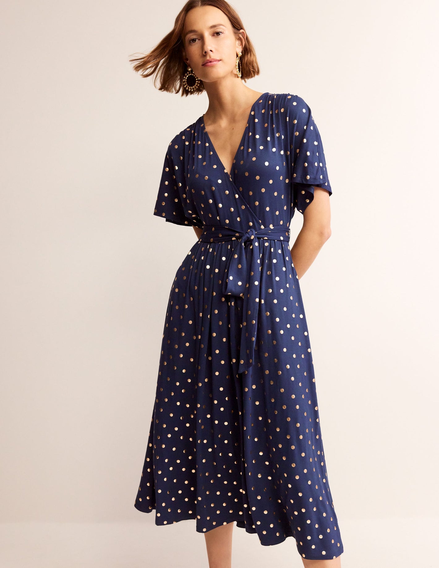 Robe portefeuille midi façon kimono en jersey-Bleu marine, pois métallisés indisciplinés