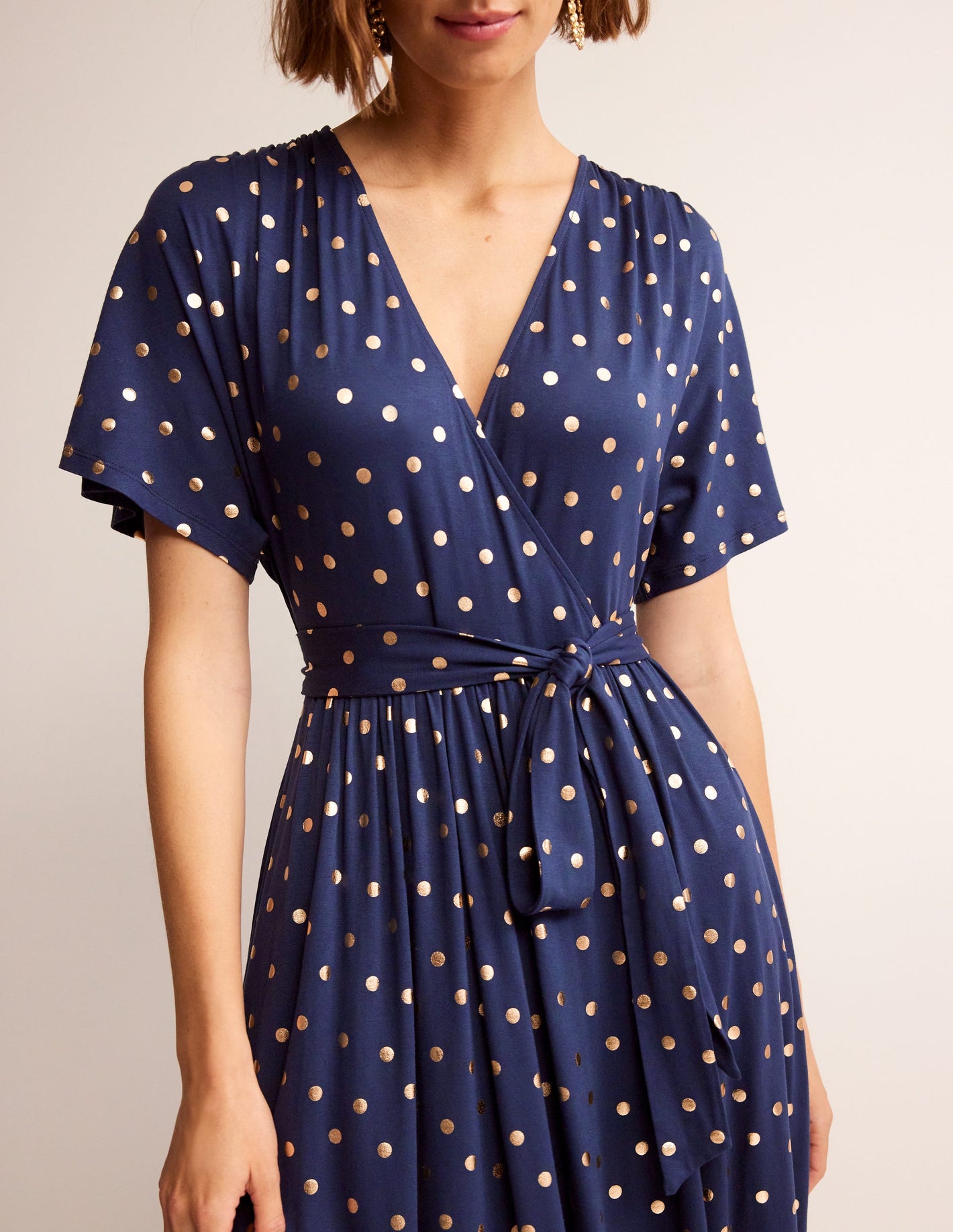 Robe portefeuille midi façon kimono en jersey-Bleu marine, pois métallisés indisciplinés