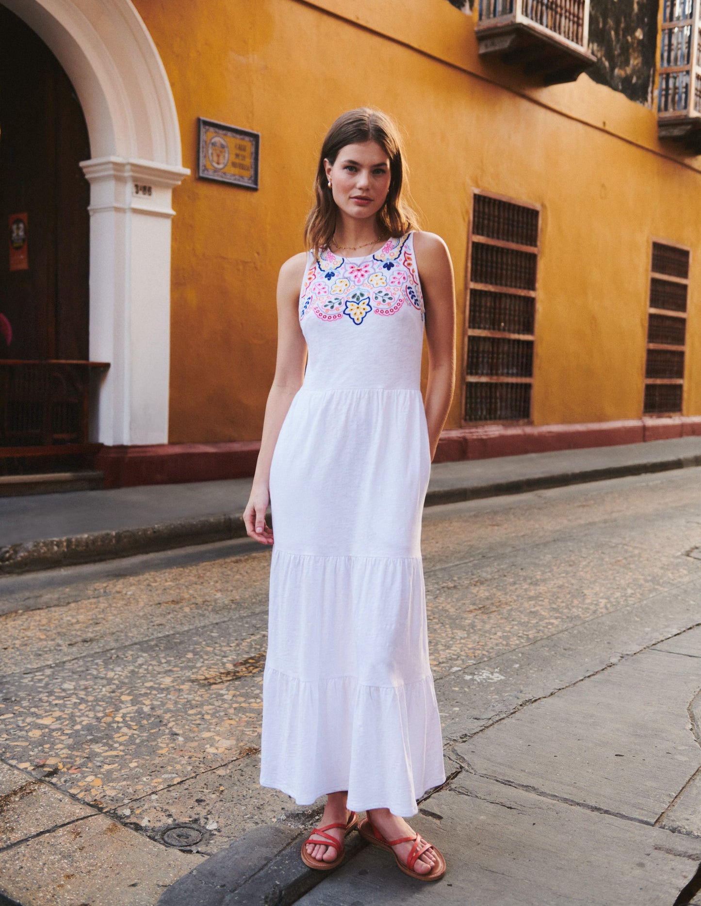 Embroidered Jersey Midi Dress-White