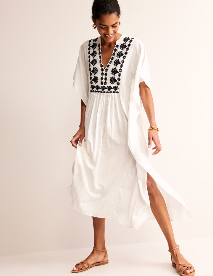 Embroidered V-Neck Kaftan-Ivory