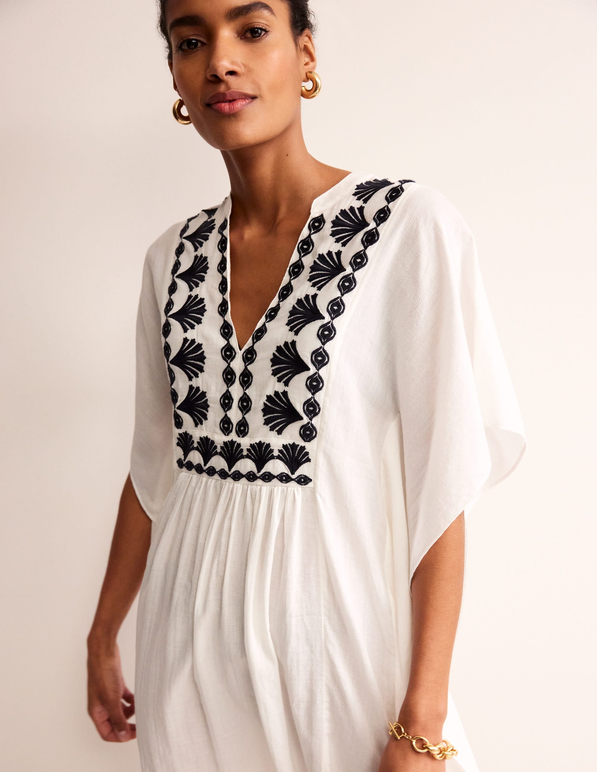 Embroidered V-Neck Kaftan-Ivory - Image 2