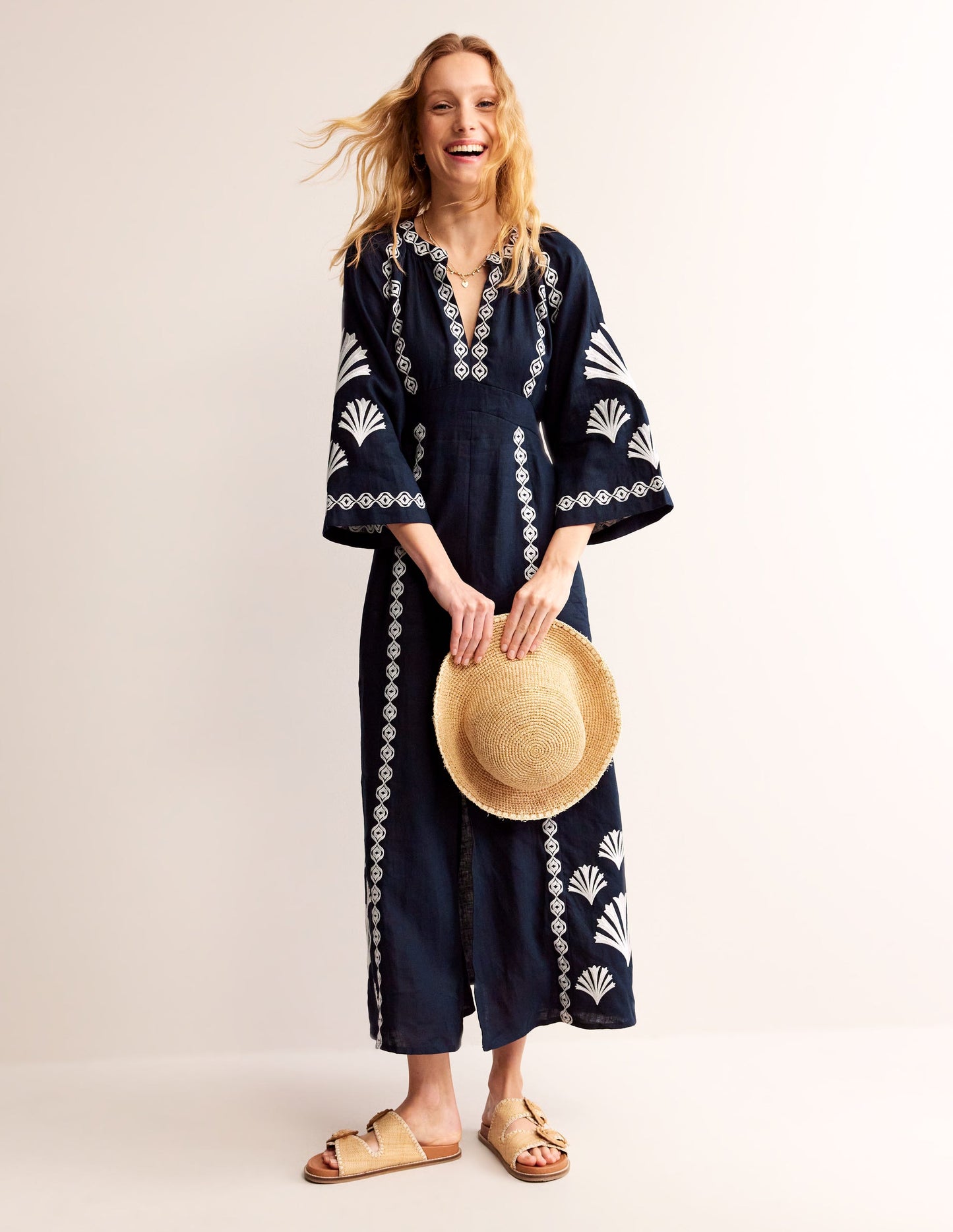 Una Linen Embroidered Dress-Navy