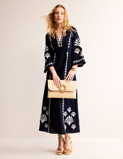 Una Linen Embroidered Dress-Navy