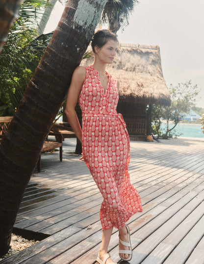 Naomi Maxikleid mit eingekerbtem Kragen-Hibiskus, Ananas Geo