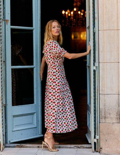 Liv Midikleid mit Faltendetails-Naturweiß, Erdbeere