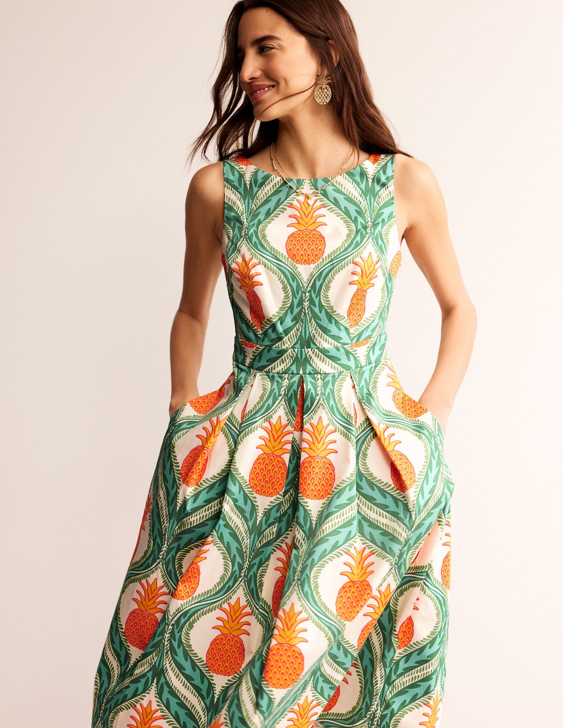 Ärmelloses Midi-Faltenkleid-Grünes Tamburin, Ananas-1