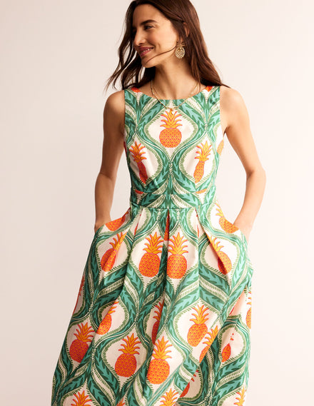 Ärmelloses Midi-Faltenkleid-Grünes Tamburin, Ananas