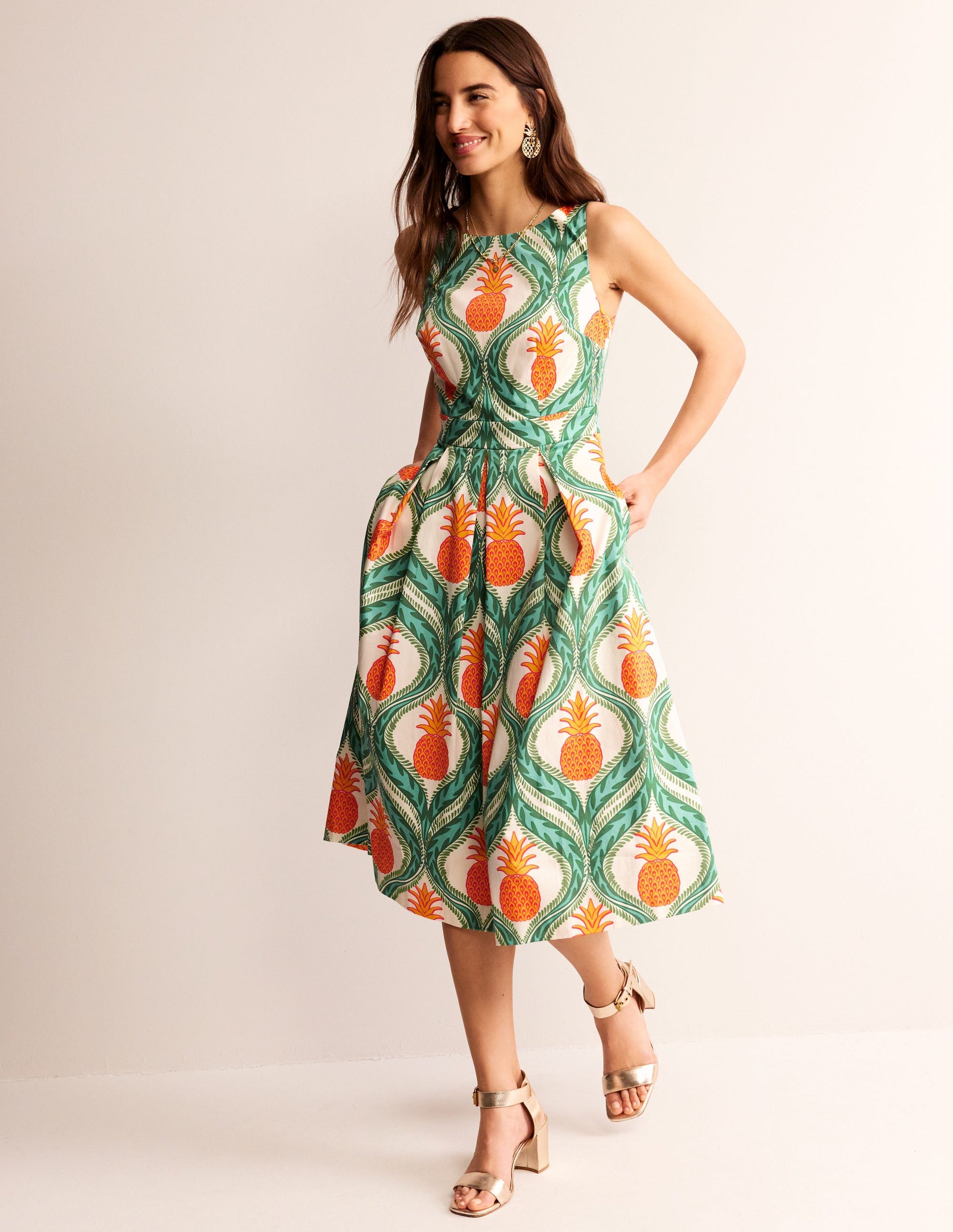 Ärmelloses Midi-Faltenkleid-Grünes Tamburin, Ananas-5