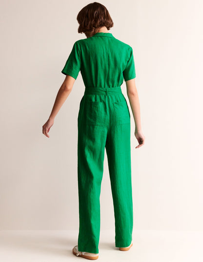 Jumpsuit aus Leinen mit Gürtel-Grünes Tamburin