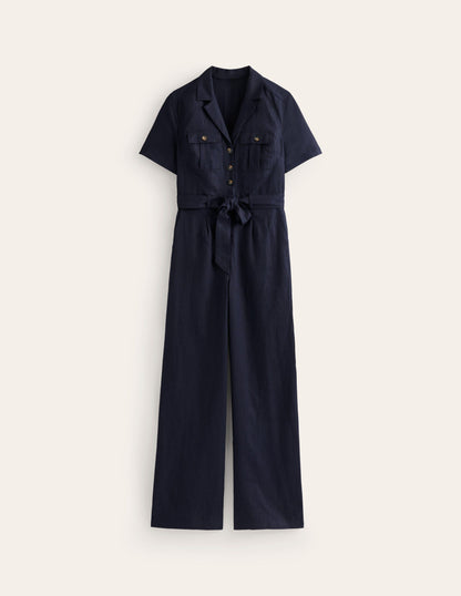 Jumpsuit aus Leinen mit Gürtel-Marineblau