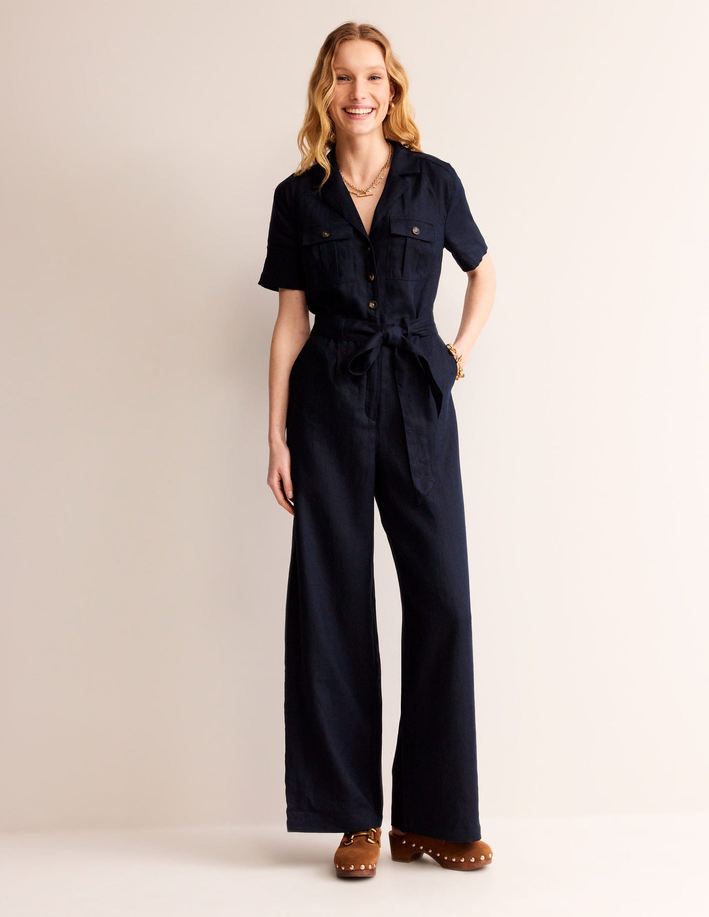 Jumpsuit aus Leinen mit Gürtel-Marineblau