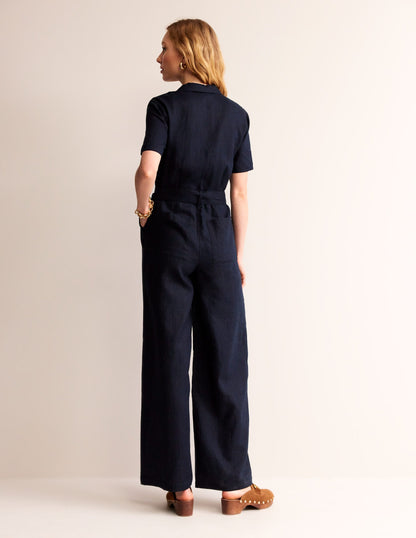 Jumpsuit aus Leinen mit Gürtel-Marineblau