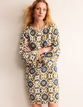 Robe courte évasée en lin-Éphémère, motif Mosaic Bloom