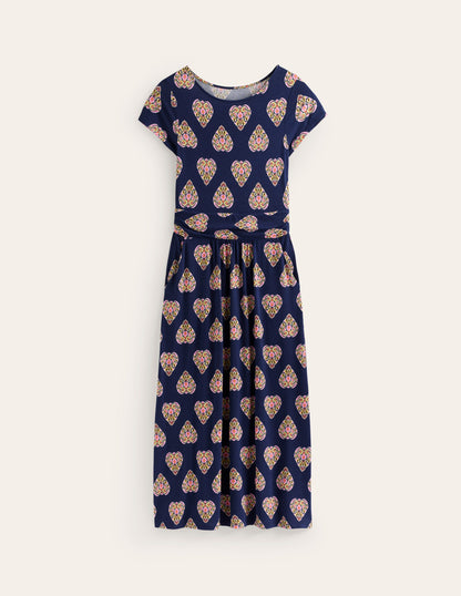 Robe midi Amelie en jersey-Bleu marine foncé, motif Flora Stamp-5