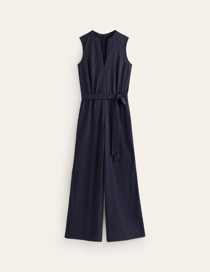 Naomi Jersey-Jumpsuit mit gekerbtem Ausschnitt-Marineblau