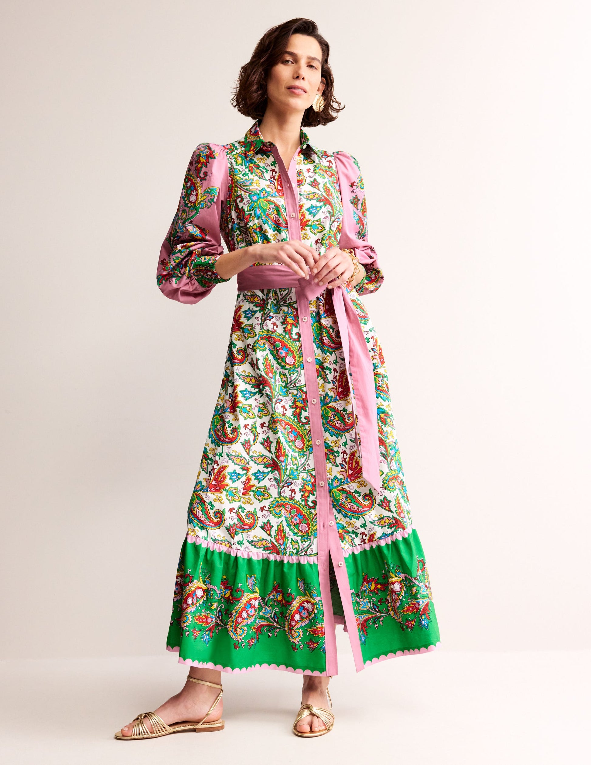 Cotton Midi Shirt Dress-Ivory, Paisley Azure-2