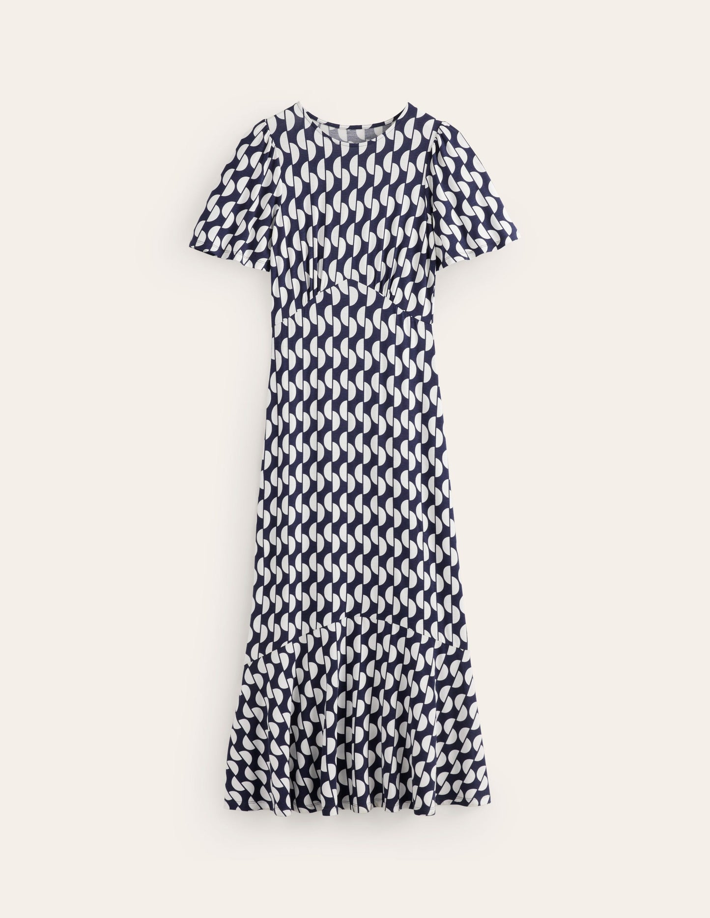 Robe midi style 40s Felicity en jersey-Bleu marine foncé, motif Geo Wave