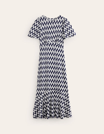 Robe midi style 40s Felicity en jersey-Bleu marine foncé, motif Geo Wave-5