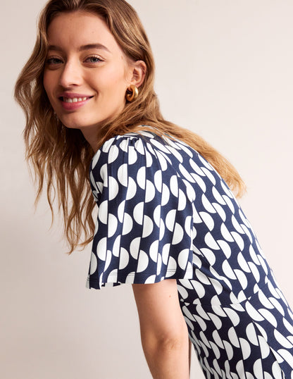 Robe midi style 40s Felicity en jersey-Bleu marine foncé, motif Geo Wave-1