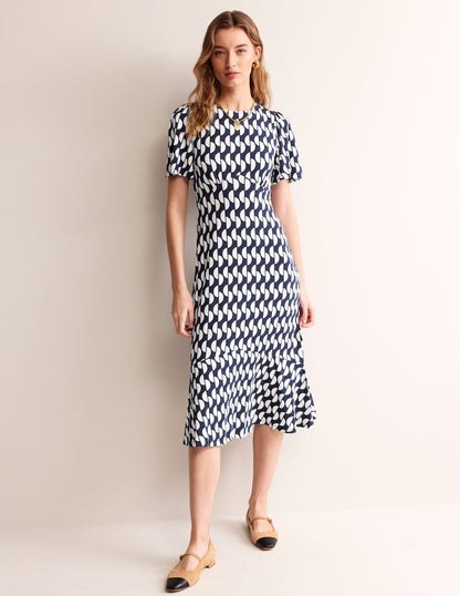Robe midi style 40s Felicity en jersey-Bleu marine foncé, motif Geo Wave-2
