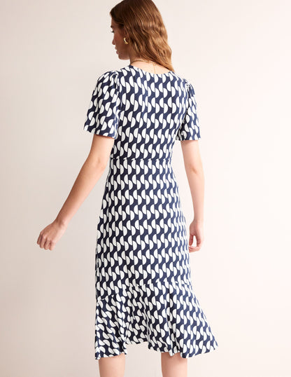 Robe midi style 40s Felicity en jersey-Bleu marine foncé, motif Geo Wave-3