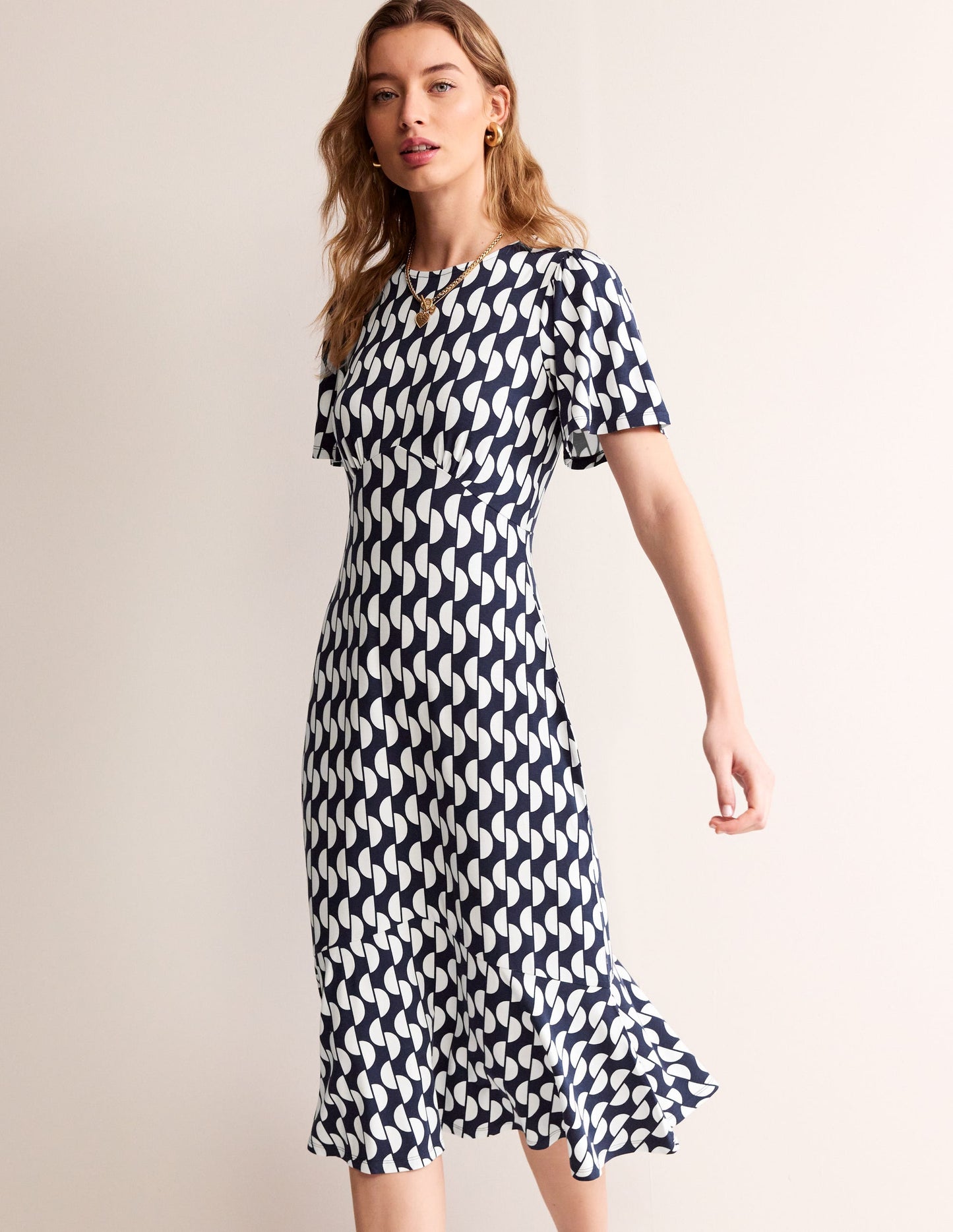 Robe midi style 40s Felicity en jersey-Bleu marine foncé, motif Geo Wave