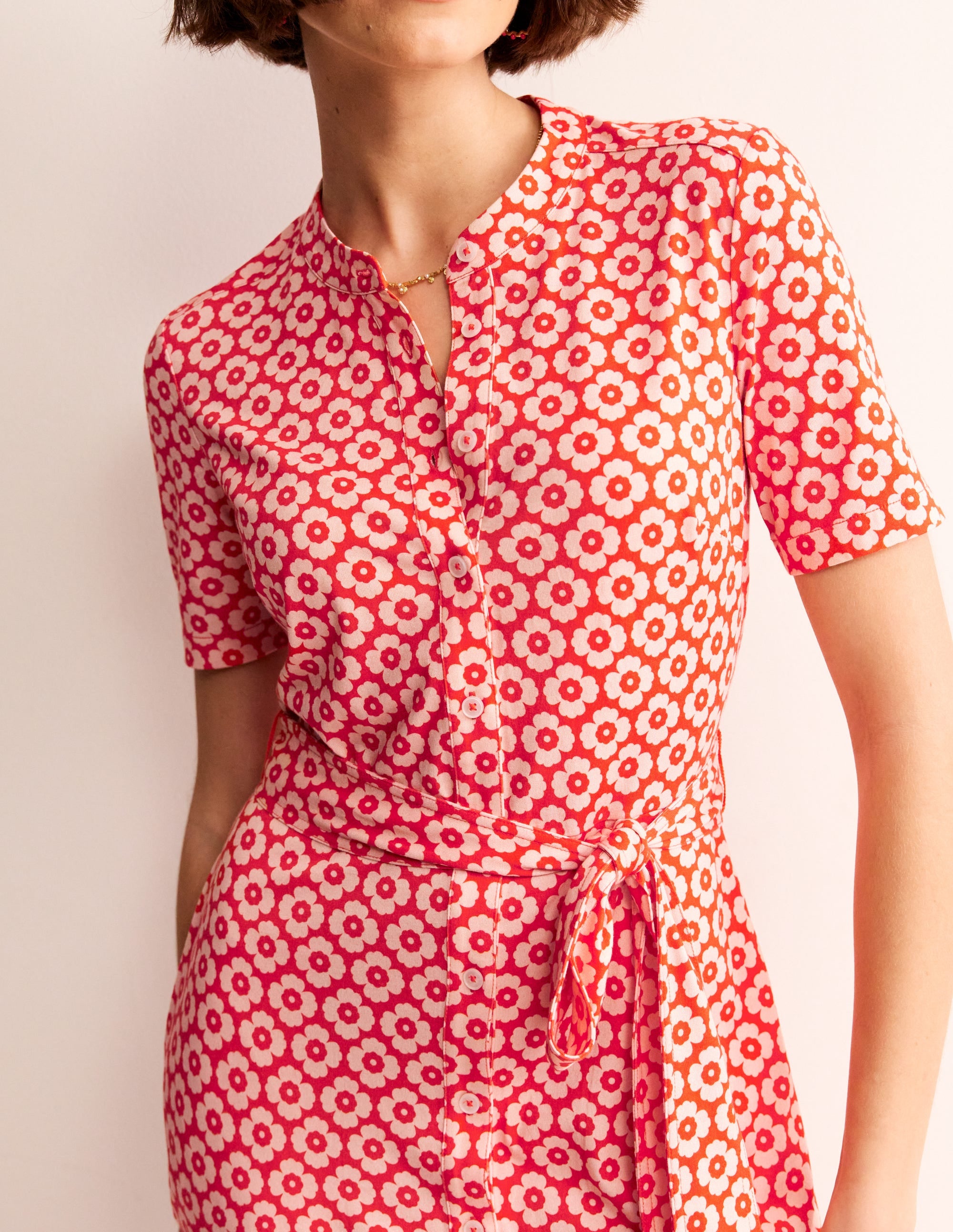 Julia Hemdblusenkleid mit kurzen Ärmeln-Flammenrot, Primel-Muster - Image 2