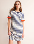 Emily Baumwollkleid mit Rüschen-Naturweiß/Navy, Gestreift