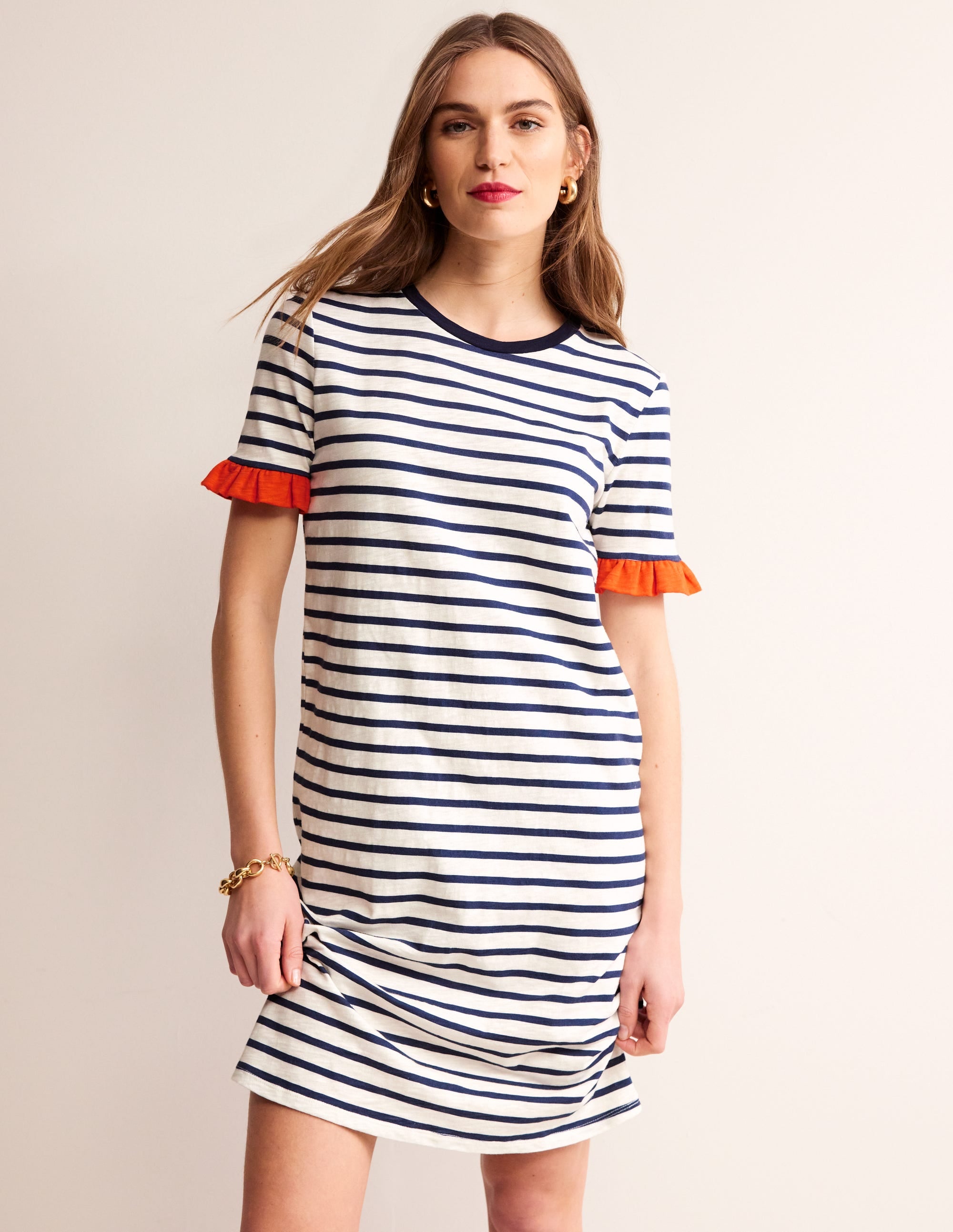 Emily Baumwollkleid mit Rüschen-Naturweiß/Navy, Gestreift - Image 1