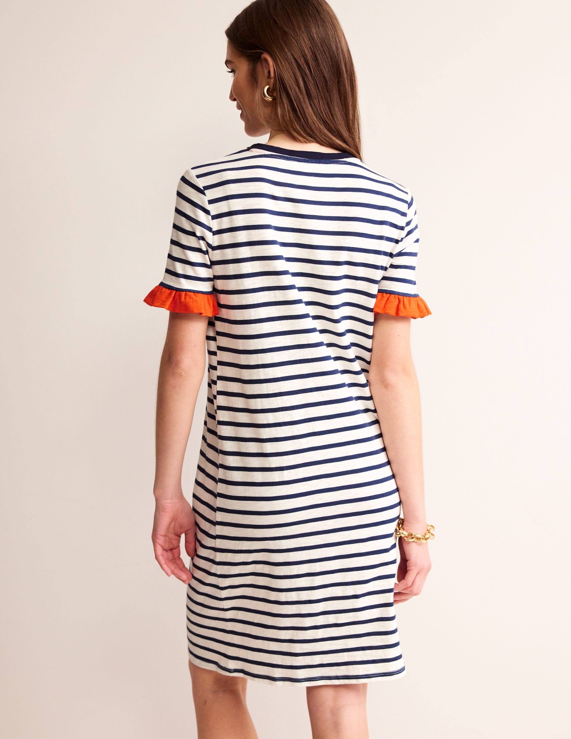 Emily Baumwollkleid mit Rüschen-Naturweiß/Navy, Gestreift - Image 3