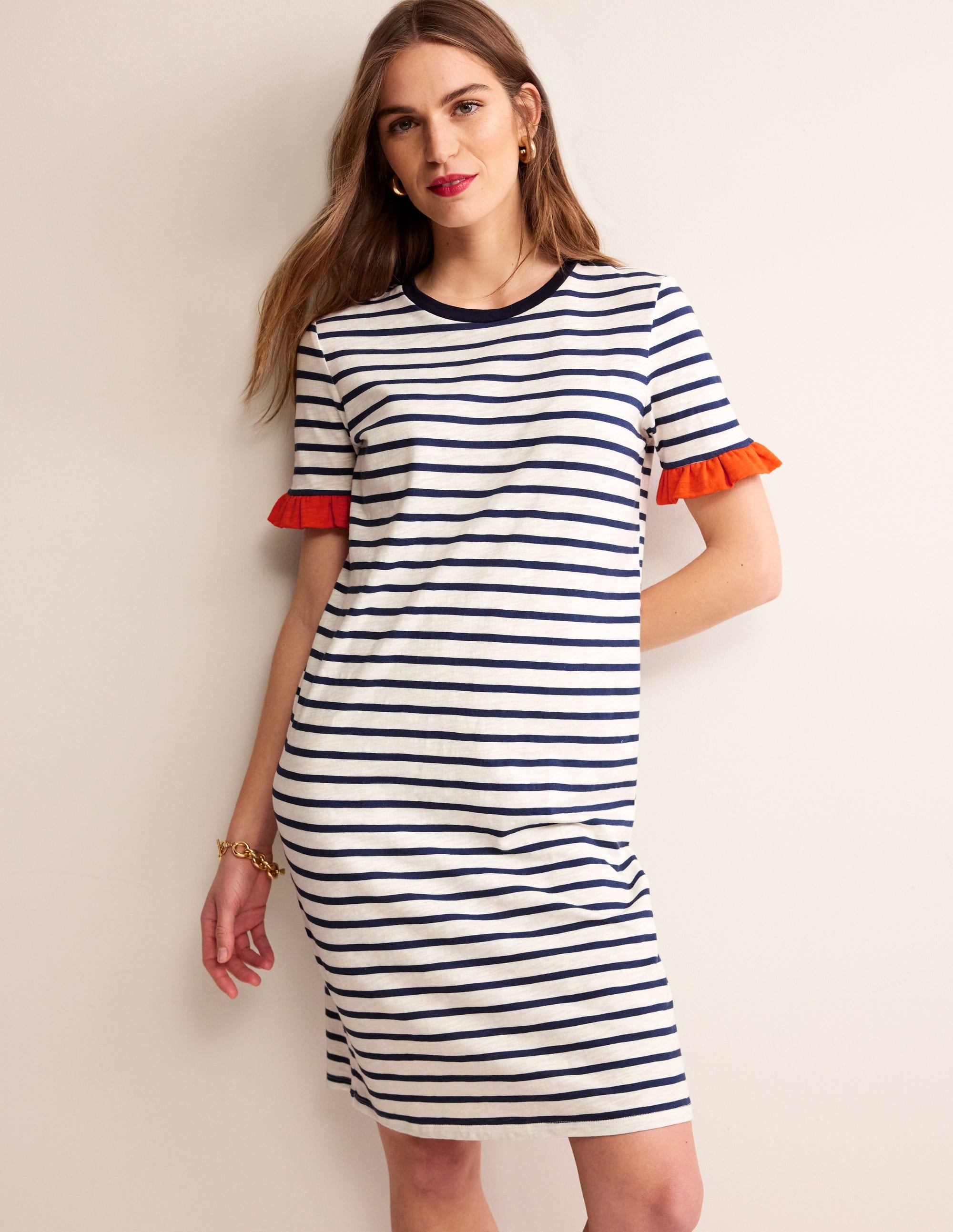 Emily Baumwollkleid mit Rüschen-Naturweiß/Navy, Gestreift - Image 4