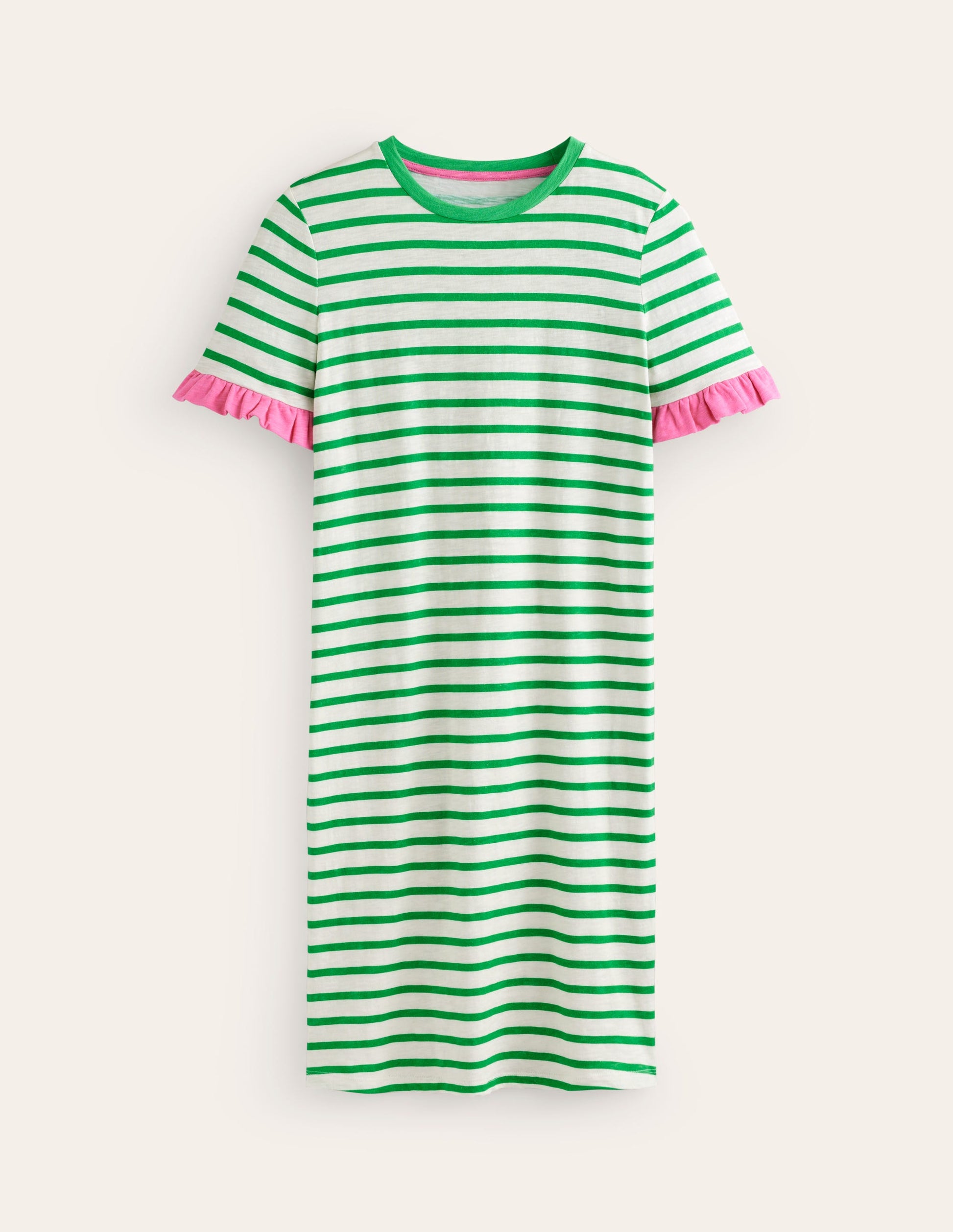 Emily Baumwollkleid mit Rüschen-Naturweiß, Grün Streifen-5