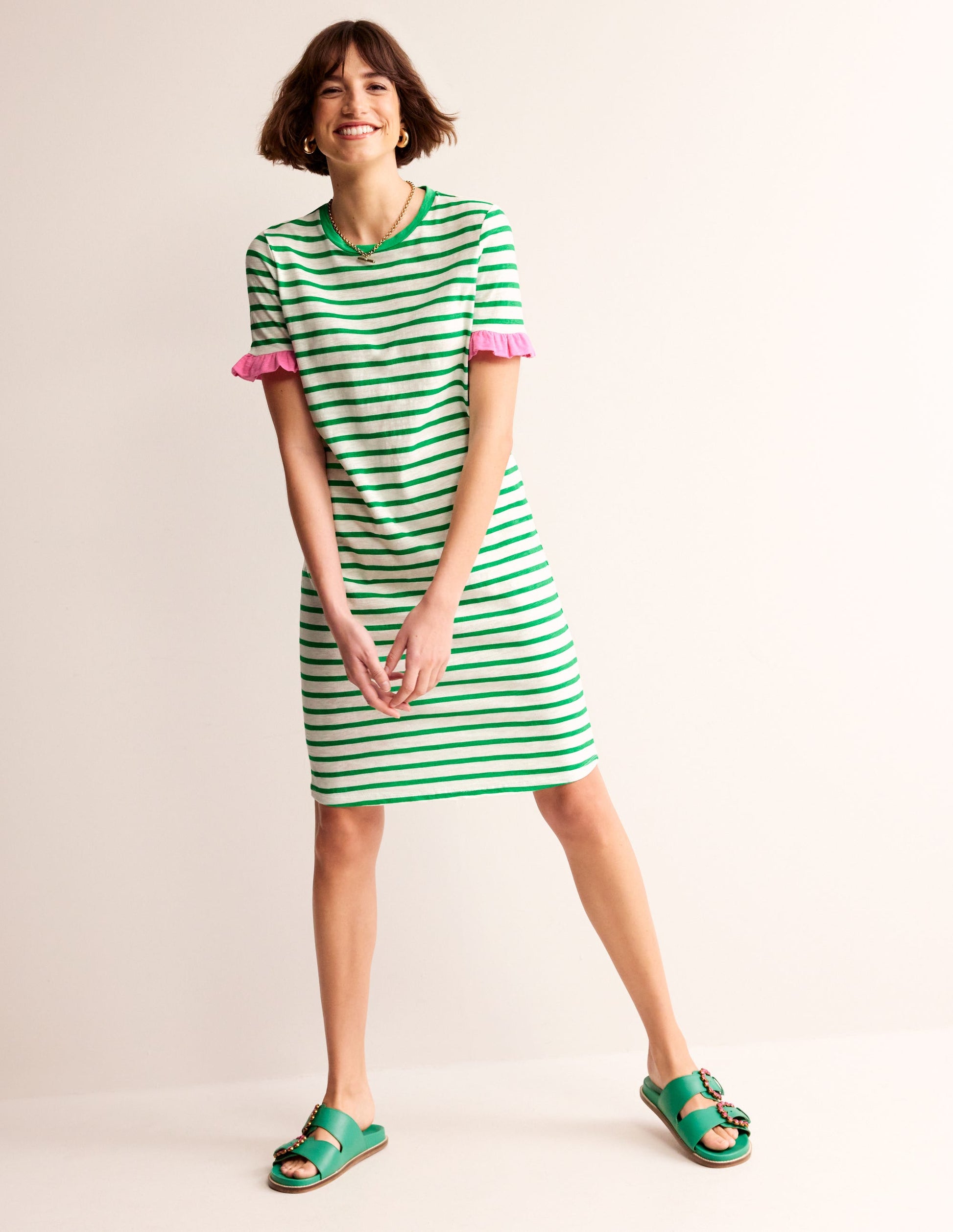Emily Baumwollkleid mit Rüschen-Naturweiß, Grün Streifen-1