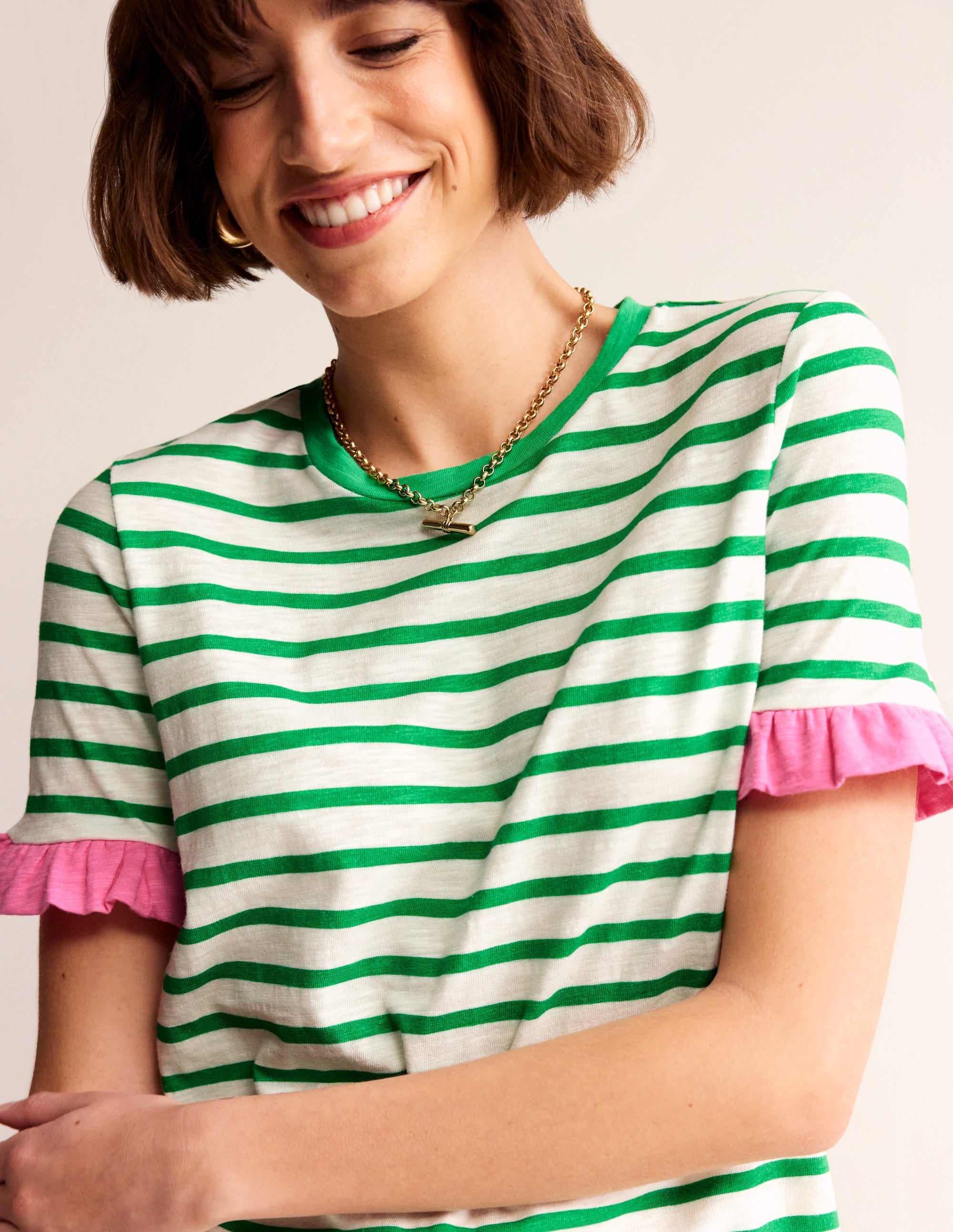 Emily Baumwollkleid mit Rüschen-Naturweiß, Grün Streifen - Image 2