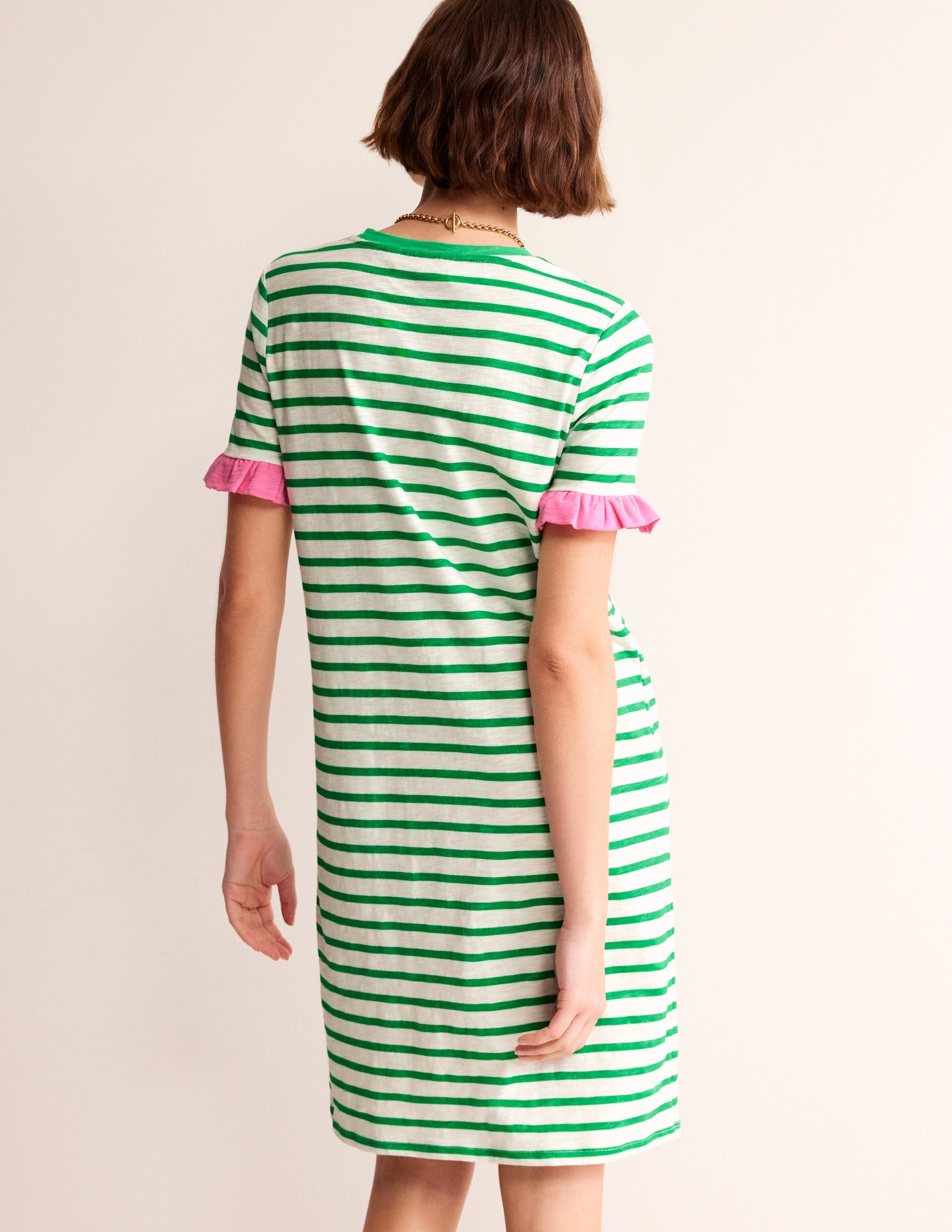 Emily Baumwollkleid mit Rüschen-Naturweiß, Grün Streifen-3