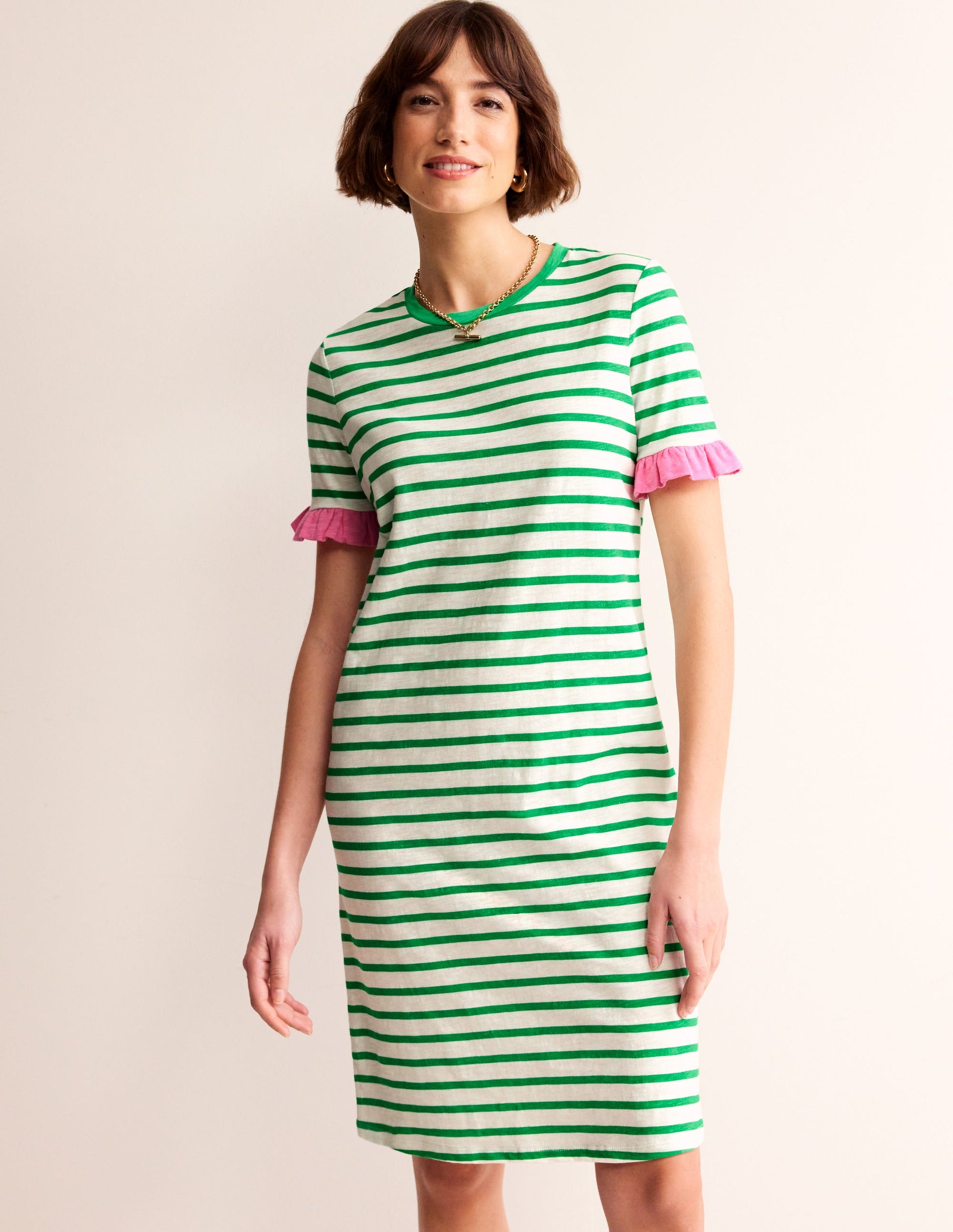Emily Baumwollkleid mit Rüschen-Naturweiß, Grün Streifen-4