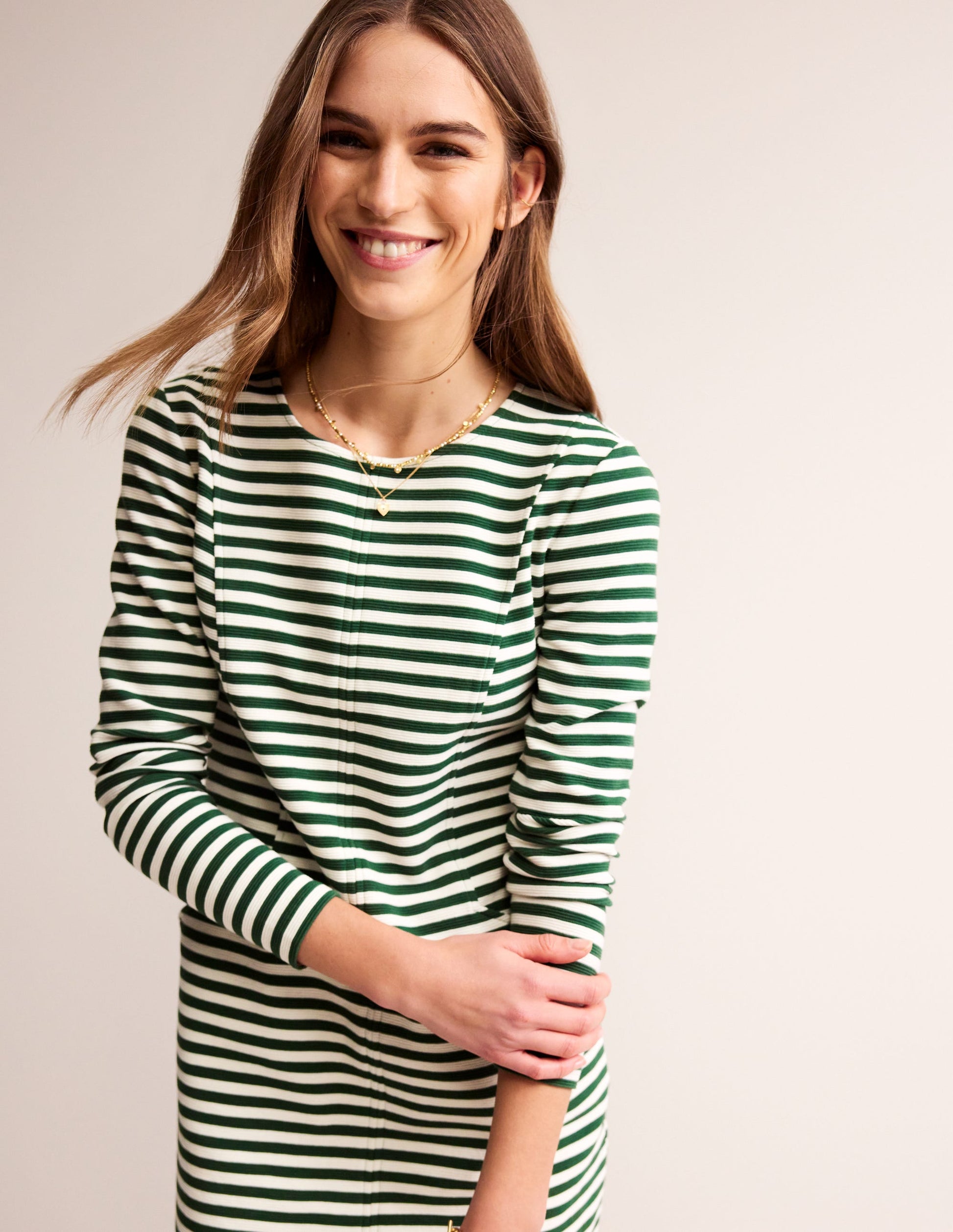 Ellen Ottoman Dress-Dark green, Ivory Stripe-1