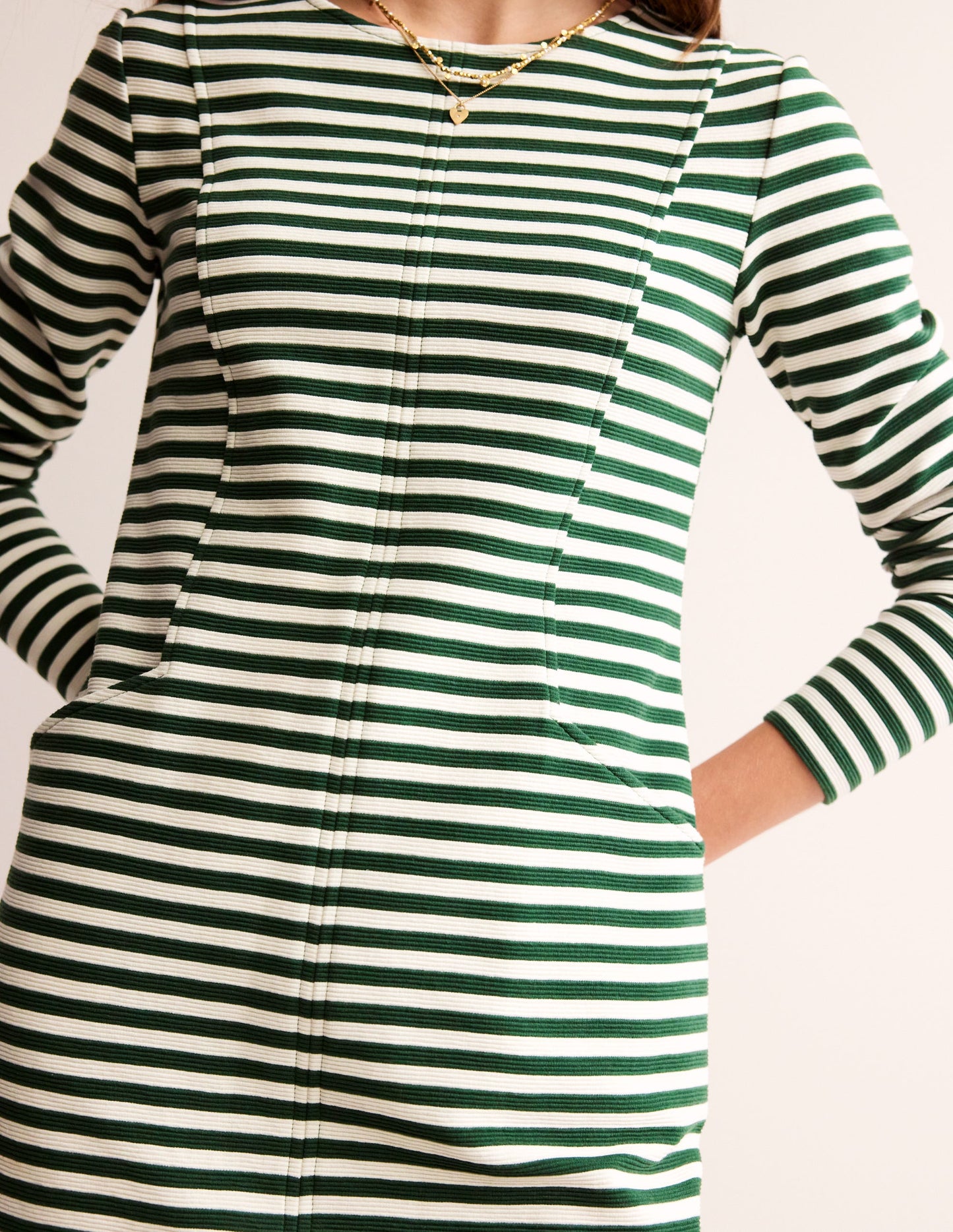 Ellen Ottoman Dress-Dark green, Ivory Stripe